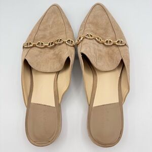 Alex Marie Beige Suede Mules with Gold Chain | 9